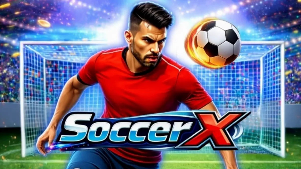 Interface de jogo do slot SoccerX com goleiro e escada de multiplicadores