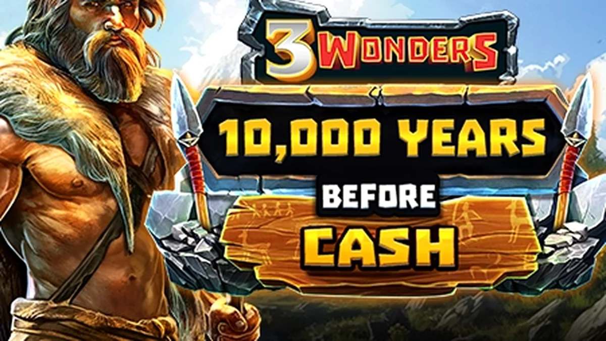 Interface do jogo 10,000 Years Before Cash com tema pré-histórico