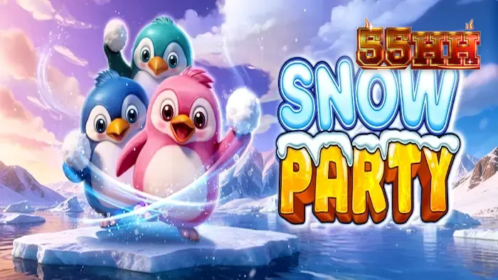 Cenário festivo e colorido do slot Snow Party com pinguins e animais marinhos